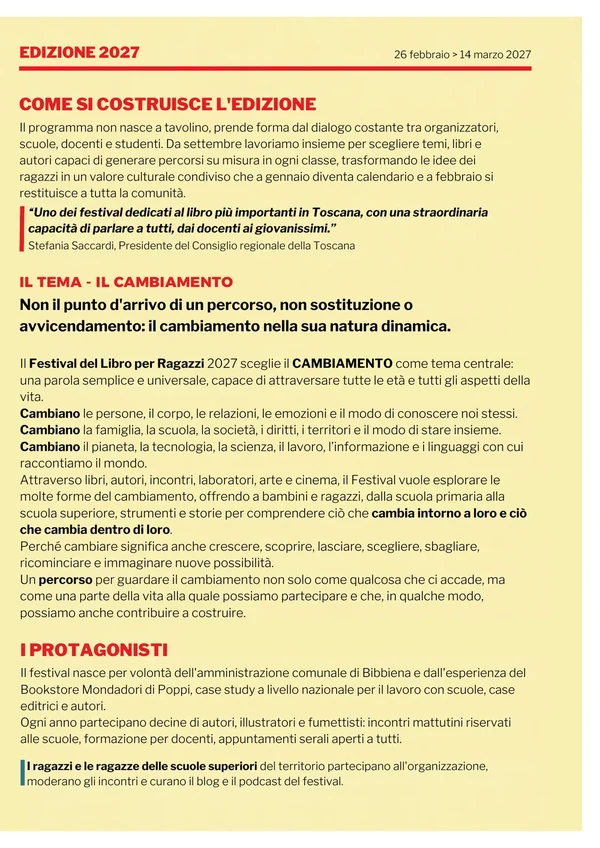 Interno del flyer, metà destra: come si costruisce l'edizione, il tema 2027 del cambiamento e i protagonisti