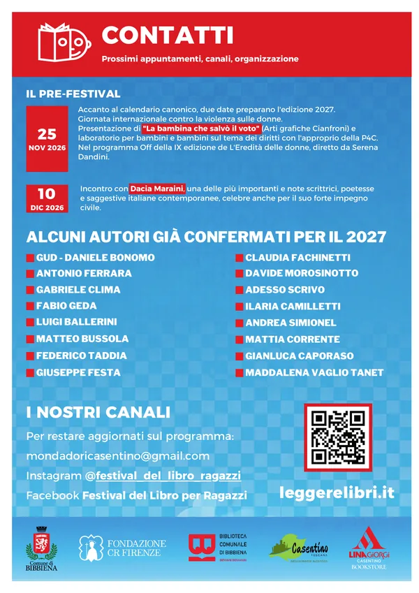Retro del flyer: contatti, appuntamenti del pre-festival e autori già confermati