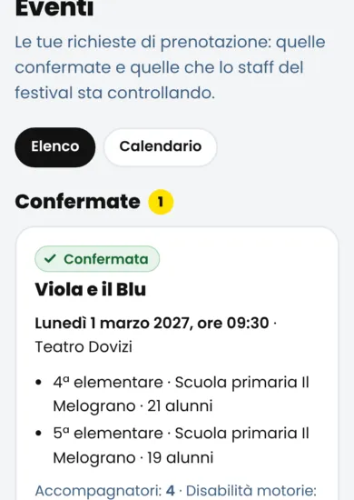 La pagina Eventi: la richiesta confermata con l’etichetta verde «Confermata», sotto quelle in attesa di conferma.