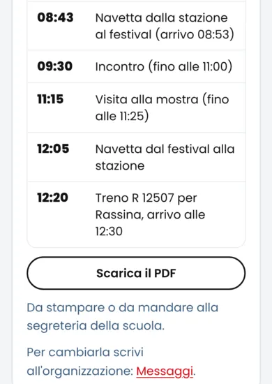 Una richiesta confermata nella pagina Eventi con il programma della giornata e il pulsante «Scarica il PDF».