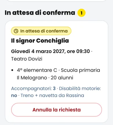 Una richiesta in attesa di conferma, con l’etichetta gialla e il pulsante «Annulla la richiesta».