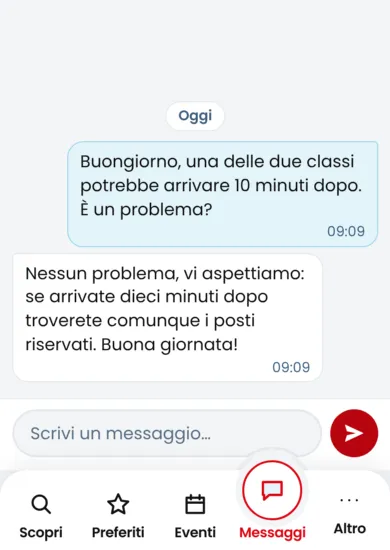 La conversazione con lo staff: la domanda a destra e la risposta dello staff a sinistra.
