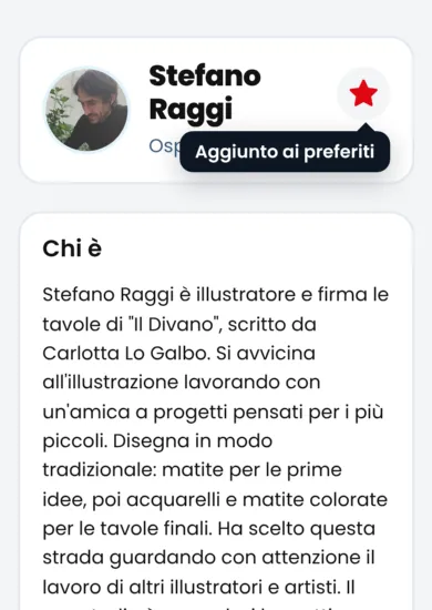 La scheda di un autore con la stella accesa accanto al nome e il fumetto «Aggiunto ai preferiti».