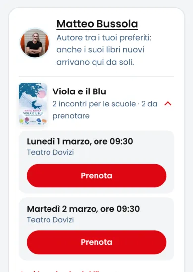 La pagina Preferiti: gli autori con la stella, i loro libri e gli incontri con il pulsante Prenota.