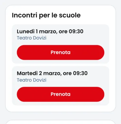 Il riquadro «Incontri per le scuole» di un libro: ogni incontro con giorno, ora, teatro e il pulsante Prenota.