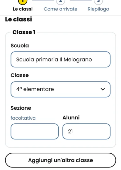 La finestra Prenota al passo 1, «Le classi»: scuola, classe, sezione, alunni e il pulsante «Aggiungi un’altra classe».