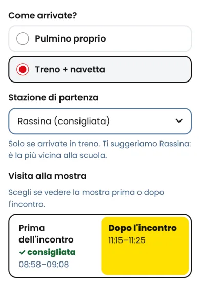 Il passo 2, «Come arrivate»: pulmino o treno più navetta, la stazione di partenza e la scelta della visita alla mostra.