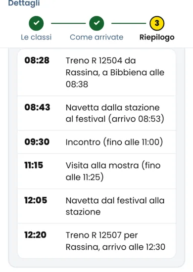 Il passo 3, «Riepilogo», con il programma della giornata: orari del treno, della navetta, dell’incontro e della mostra.