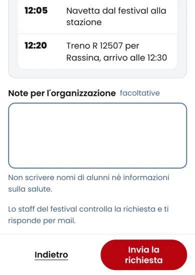 La fine del riepilogo con il campo «Note per l’organizzazione» e il pulsante rosso «Invia la richiesta».