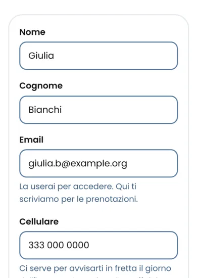 Il modulo di registrazione con i campi Nome, Cognome, Email e Cellulare già compilati.
