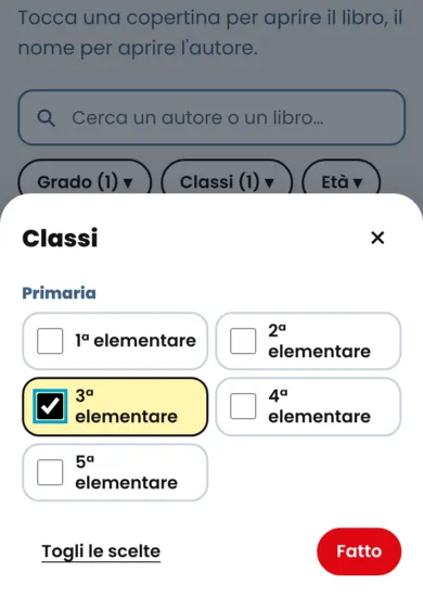 Il pannello Classi aperto, con «3ª elementare» spuntata e il pulsante Fatto.