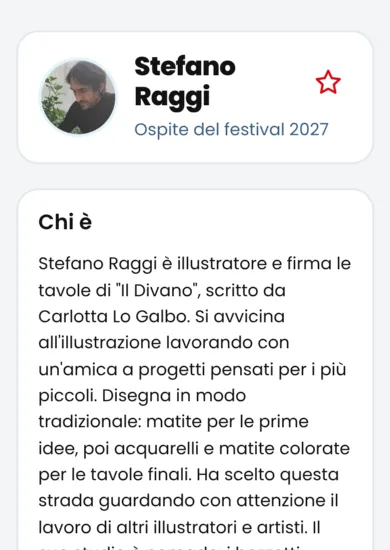 La scheda di un autore: in alto chi è e i suoi libri, sotto il riquadro «Incontri per le scuole» con i pulsanti Prenota.