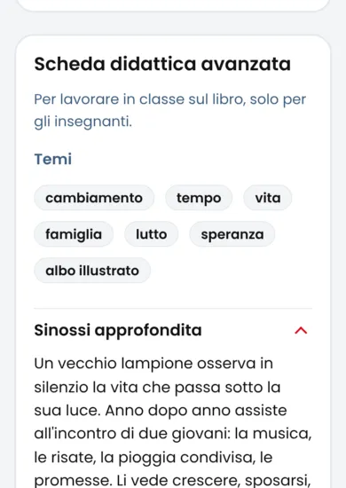 La scheda di un libro: la trama, le classi consigliate e sotto la «Scheda didattica avanzata» con temi e spunti.