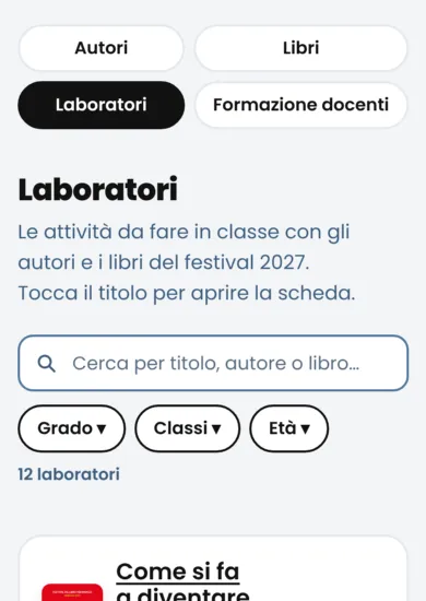 La pagina Laboratori: le schede dei laboratori, ognuna con l’autore e il libro collegato.