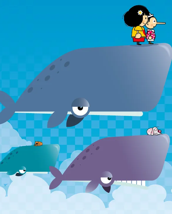 Il visual del festival: due bambini seduti su una balena che nuota tra le nuvole, con altre balene sotto